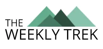 A logo with three green mountain shapes above the text "The Weekly Trek" in bold, black capital letters.