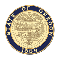 The official seal of the State of Oregon, symbolizing government policy resources, features an eagle, a covered wagon, mountains, a ship, and the year 1859.