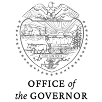 Black and white emblem with an eagle, covered wagon, oxen, mountains, and the sun symbolizes government policy resources in Oregon and Washington DC, above the words 