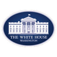 An oval logo with a white illustration of the White House on a blue background, featuring the text 